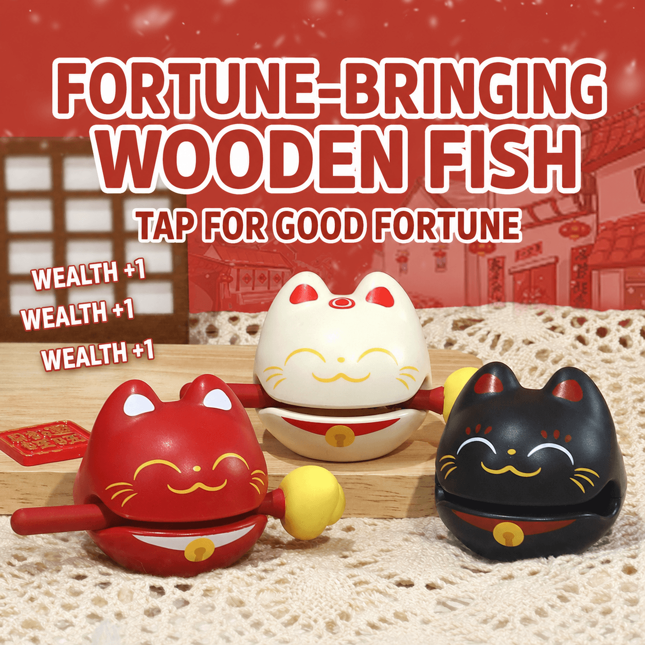 Wealth +1 wooden fish stress relief desk ornament with tapping stick on office desk
