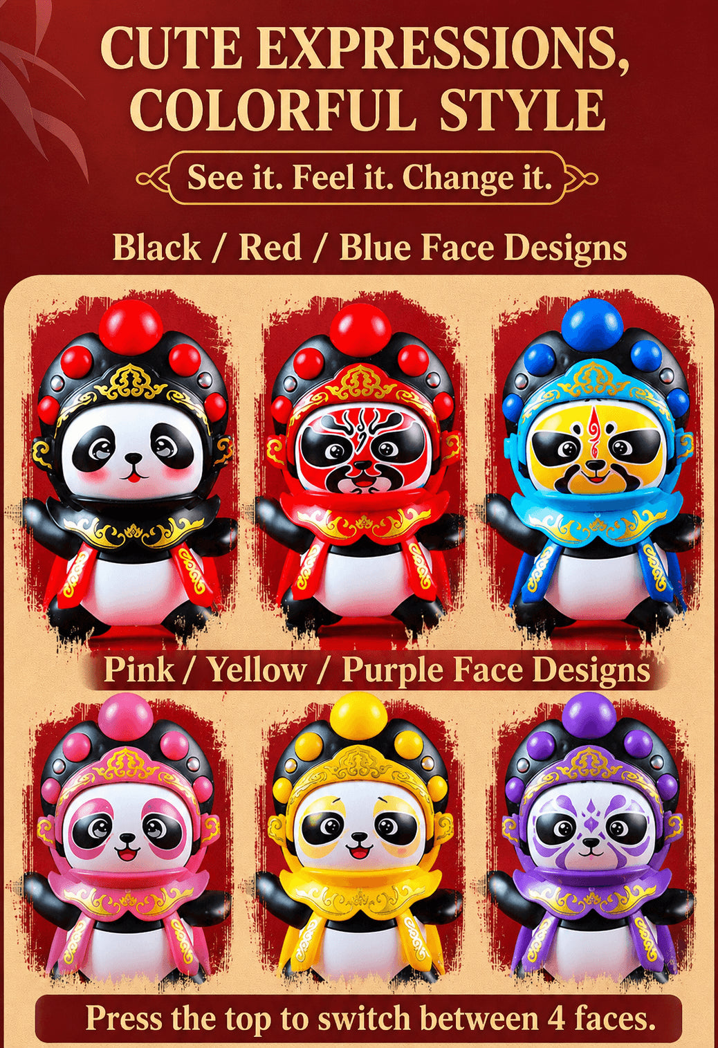 Sichuan Opera Face-Changing Panda Plush Toy | Interactive Kung Fu Doll with 4 Masks | Chinese Culture Gift for Kids | Chengdu Souvenir Autism-Friendly Sensory Toy
