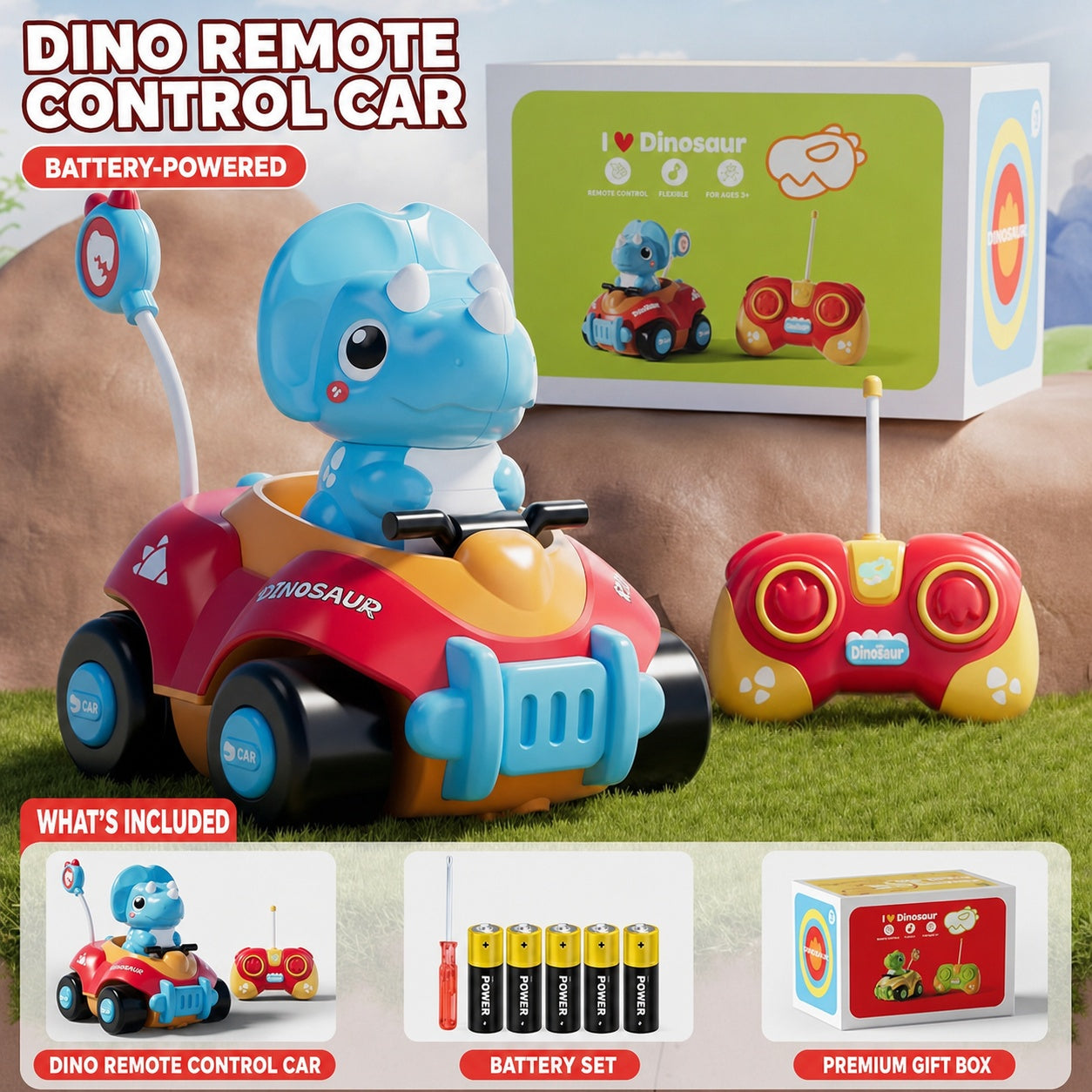 Remote Control Dinosaur Car – Electric Triceratops RC Racing Toy for Kids, STEM Learning Gift with 2.4GHz Controller, Off-Road Stunt Vehicle for Boys & Girls Ages 3-14