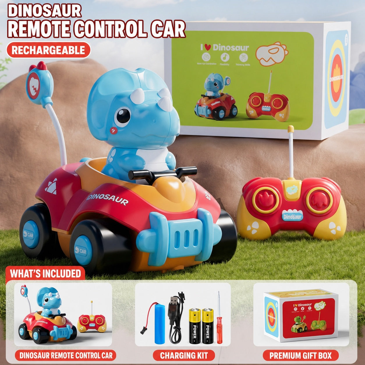 Remote Control Dinosaur Car – Electric Triceratops RC Racing Toy for Kids, STEM Learning Gift with 2.4GHz Controller, Off-Road Stunt Vehicle for Boys & Girls Ages 3-14