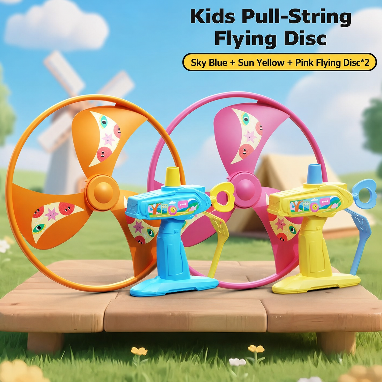 Kids Pull String Flying Disc Toy, Hand-Powered Spinning UFO Launcher for Outdoor Park Play and Party Favors