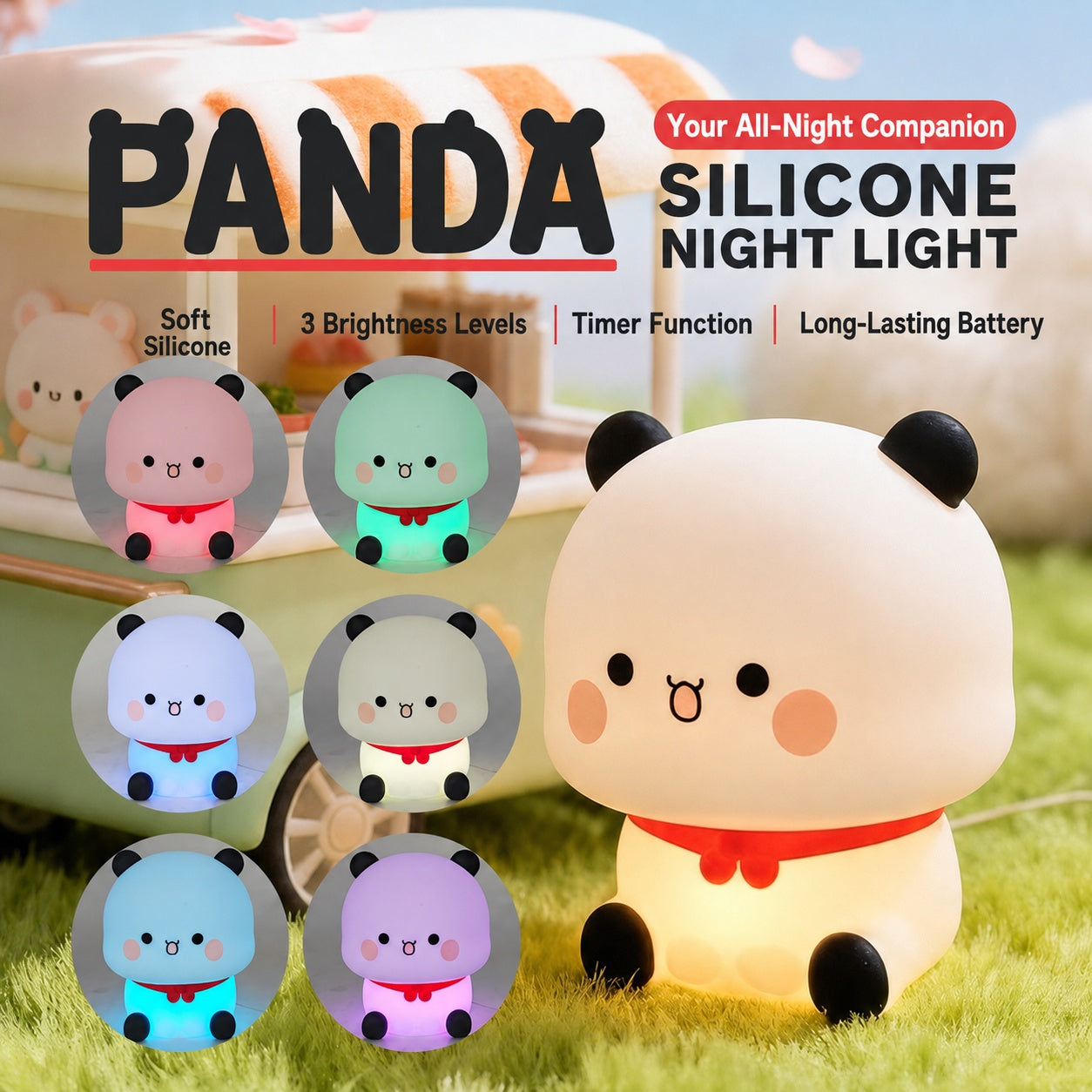 Panda Silicone Touch Night Light – Eye-Care Bedside Lamp for Kids with Auto-Off Timer, Soft Warm Glow for Sleep Training, USB Rechargeable Cute Desk Decor, Perfect Birthday Gift
