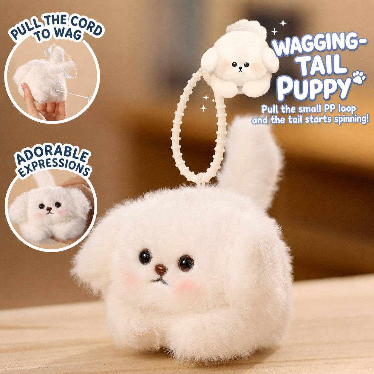 Pull-String Plush Puppy Toy – Wagging Tail & Barking Sound Dog Keychain, Stress Relief Soft Stuffed Animal Bag Charm, Interactive Cute Gift for Girls Boys Teens