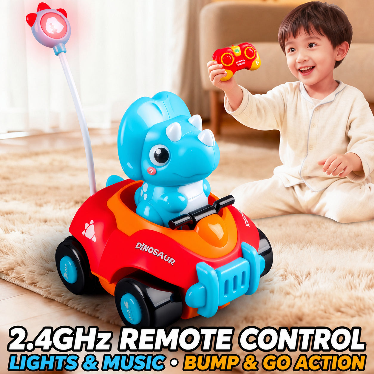 Coche Teledirigido de Dinosaurio – Juguete Eléctrico de Carreras Triceratops RC para Niños, Regalo Educativo STEM con Mando de 2.4GHz, Vehículo Acrobático Todoterreno para Niños y Niñas de 3 a 14 Años