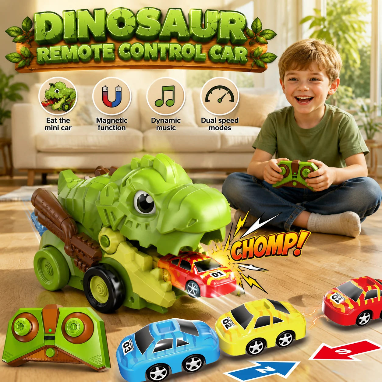 Dinosaurio de juguete RC para batalla de coches de comida de 2 jugadores – Juego de carreras interactivo para niños