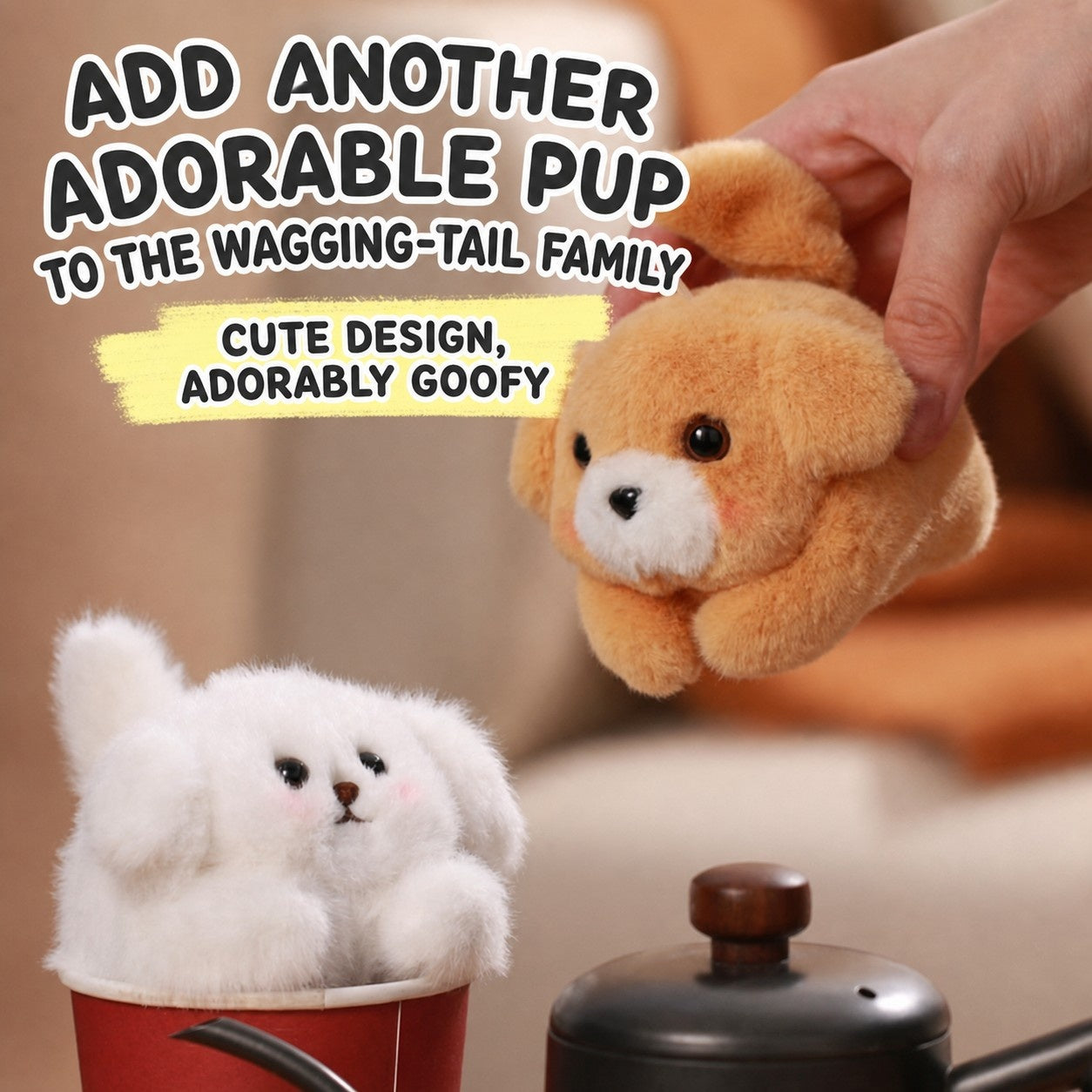 Perrito de Peluche con Cordón – Llavero de Perro con Cola Vibrante y Sonido de Ladrido, Peluche Suave Antiestrés para Bolso, Bonito Regalo Interactivo para Niñas, Niños y Adolescentes