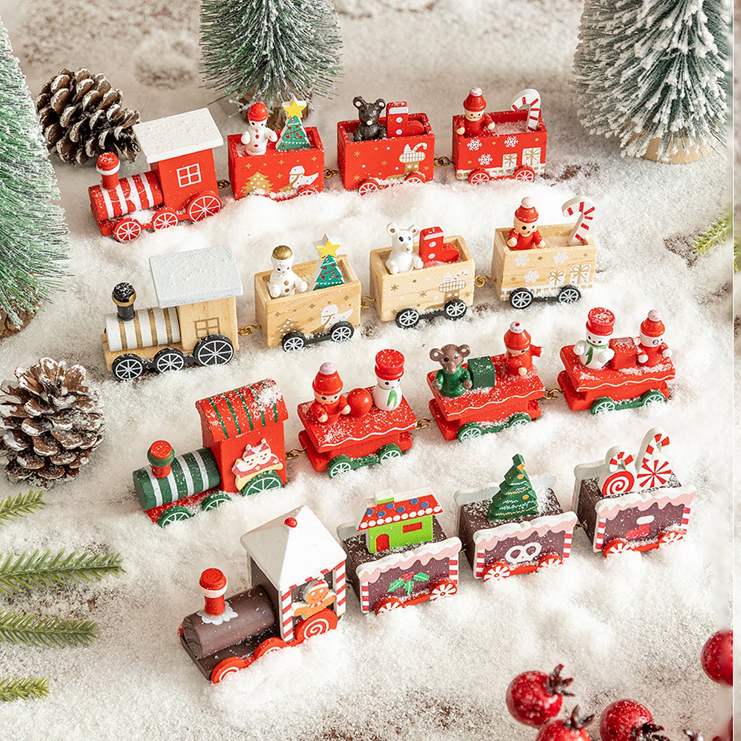 Tren de Navidad de madera de cuatro secciones, decoración de escena DIY, juguete de exhibición de ventana de escritorio, regalo para niños, presente de vacaciones