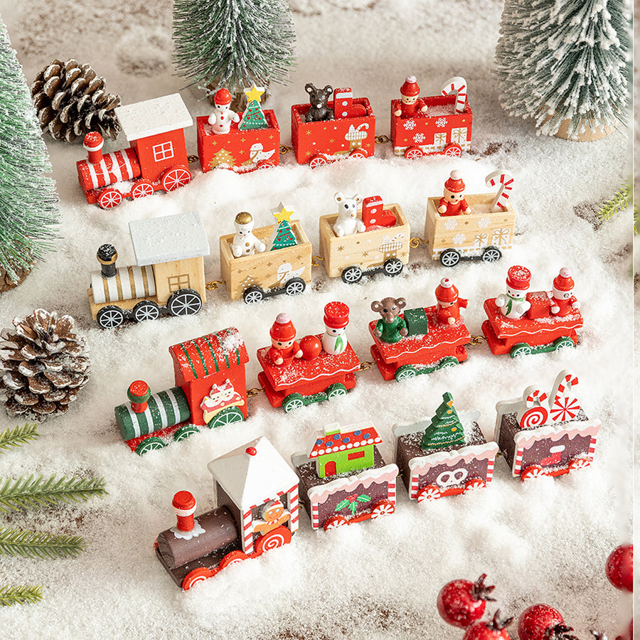 Tren de Navidad de madera de cuatro secciones, decoración de escena DIY, juguete de exhibición de ventana de escritorio, regalo para niños, presente de vacaciones