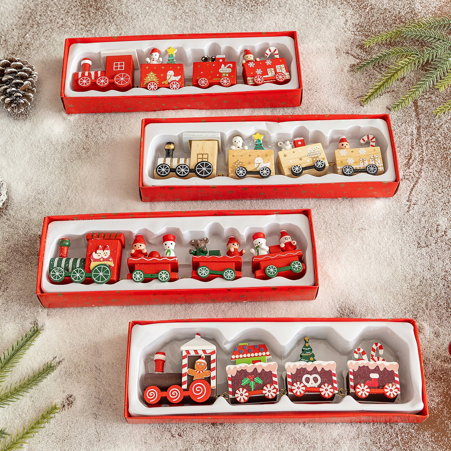 Tren de Navidad de madera de cuatro secciones, decoración de escena DIY, juguete de exhibición de ventana de escritorio, regalo para niños, presente de vacaciones