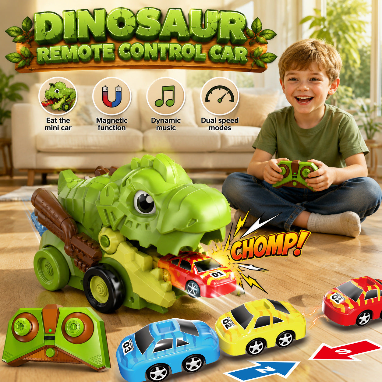 2-Player RC Eating Car Battle Dinosaur Toy – Interactive Racing Game Gift for Kids