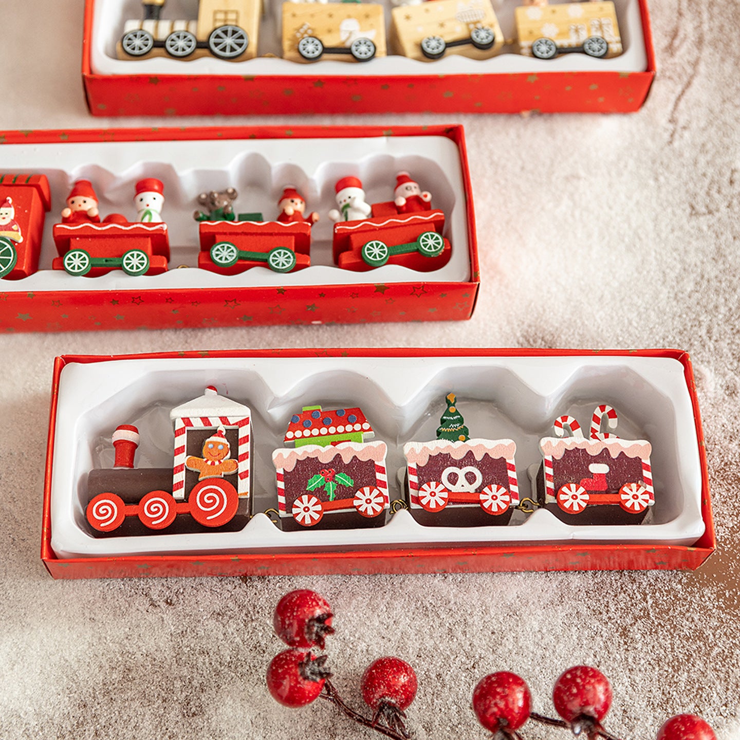 Tren de Navidad de madera de cuatro secciones, decoración de escena DIY, juguete de exhibición de ventana de escritorio, regalo para niños, presente de vacaciones