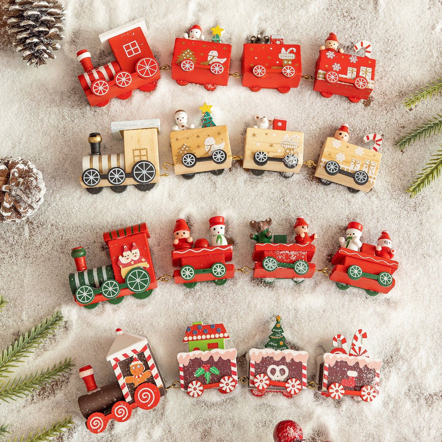 Tren de Navidad de madera de cuatro secciones, decoración de escena DIY, juguete de exhibición de ventana de escritorio, regalo para niños, presente de vacaciones