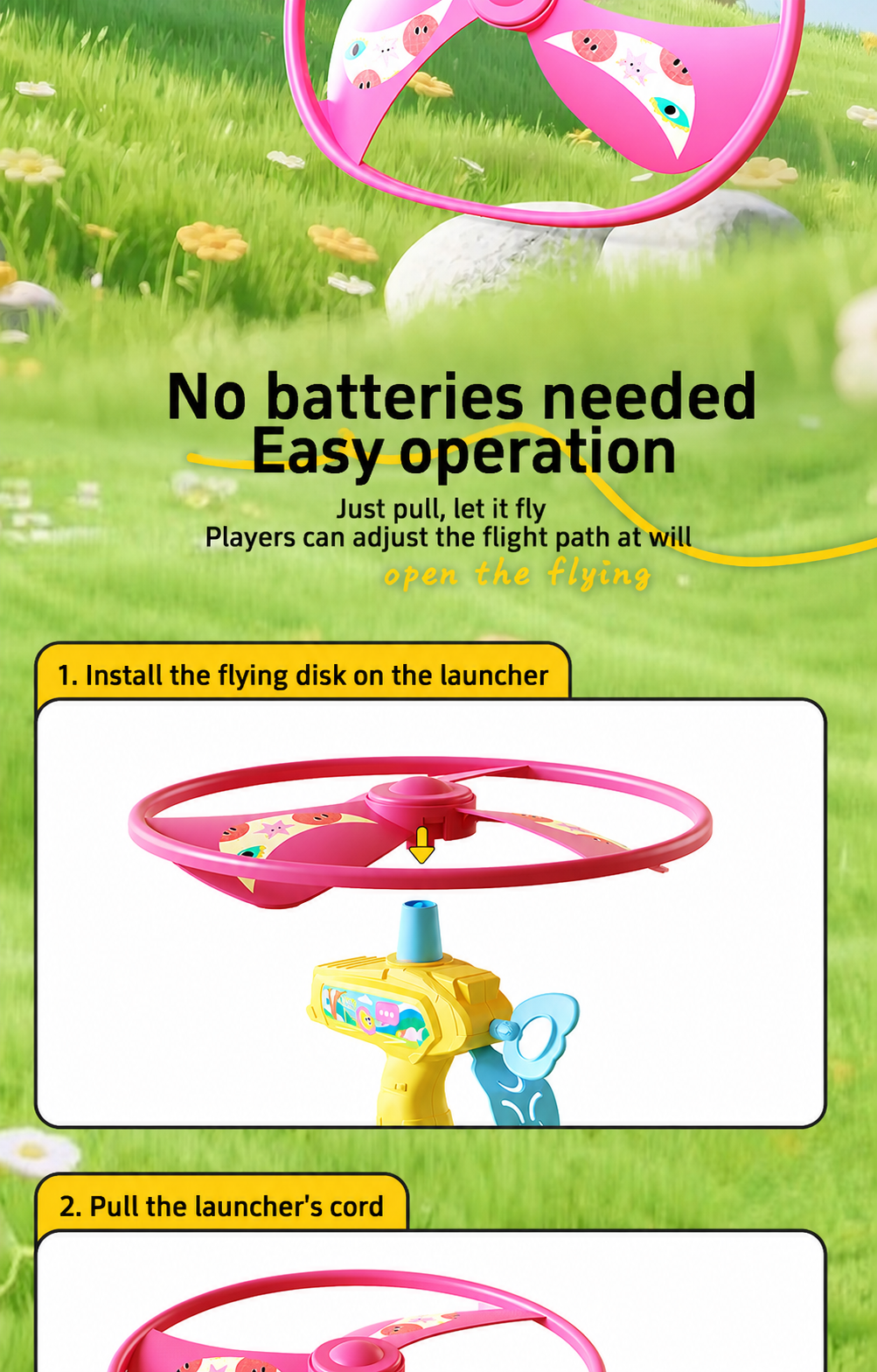 Kids Pull String Flying Disc Toy, Hand-Powered Spinning UFO Launcher for Outdoor Park Play and Party Favors