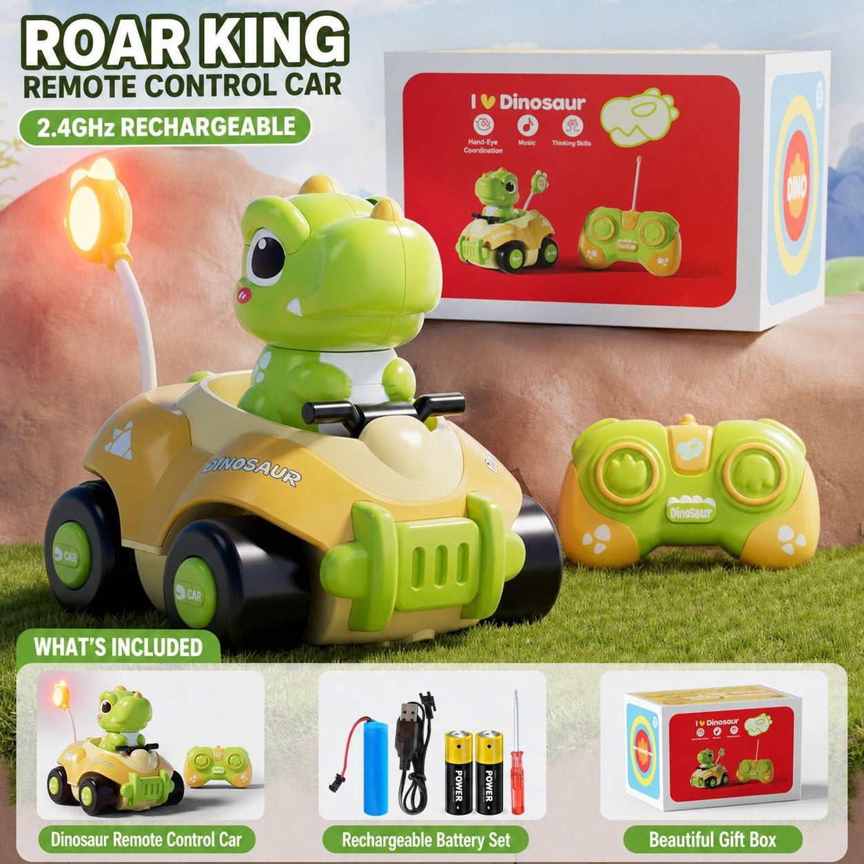 Coche Teledirigido de Dinosaurio – Juguete Eléctrico de Carreras Triceratops RC para Niños, Regalo Educativo STEM con Mando de 2.4GHz, Vehículo Acrobático Todoterreno para Niños y Niñas de 3 a 14 Años