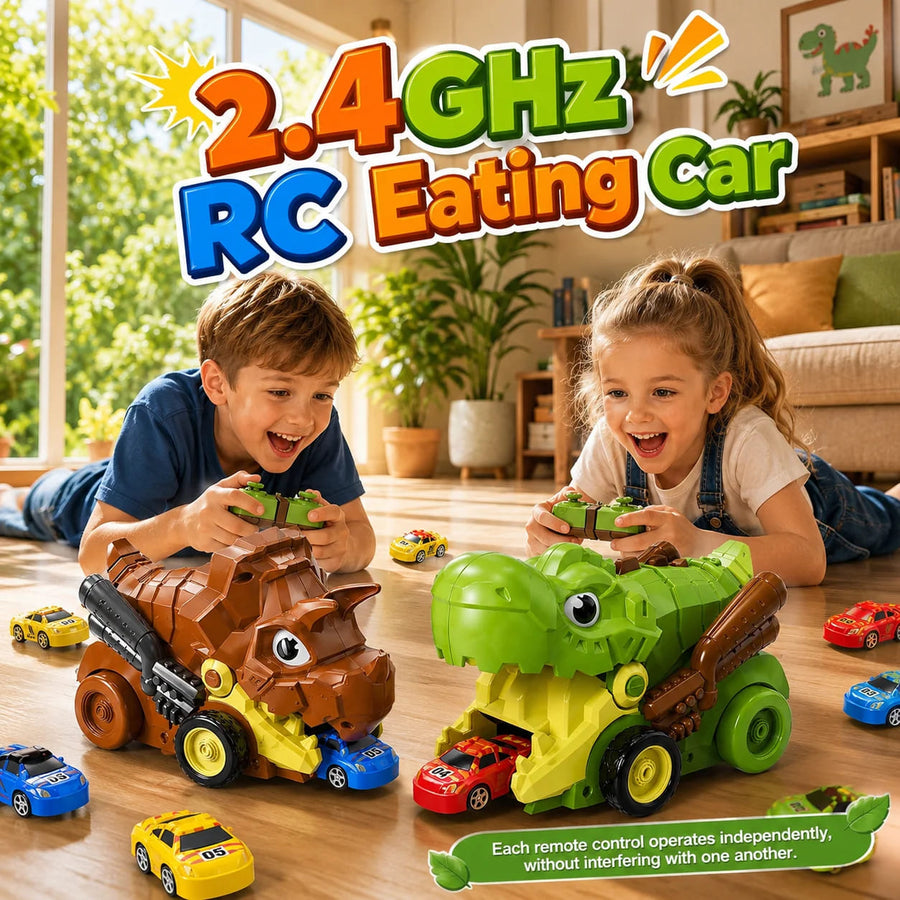 Dinosaurio de juguete RC para batalla de coches de comida de 2 jugadores – Juego de carreras interactivo para niños
