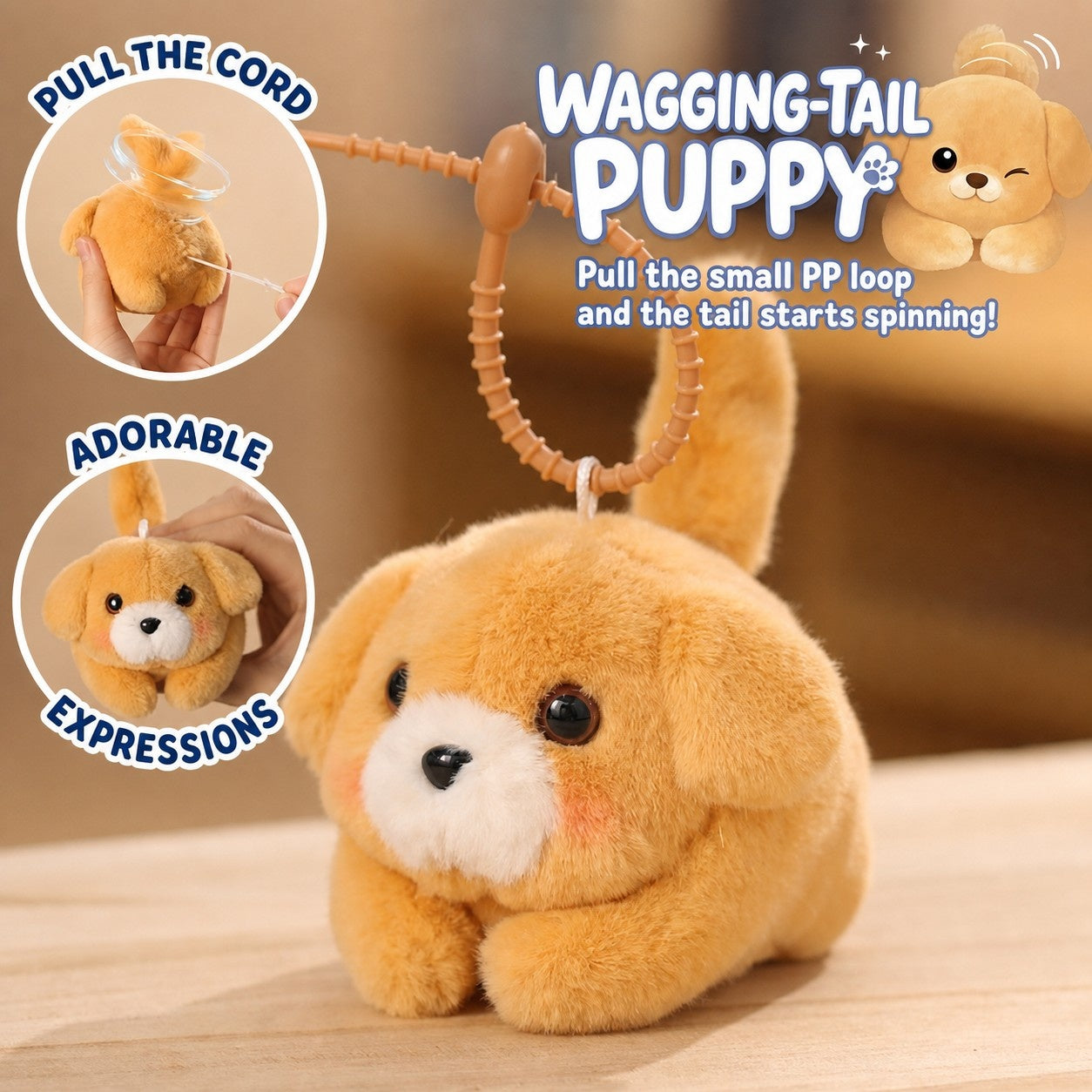 Perrito de Peluche con Cordón – Llavero de Perro con Cola Vibrante y Sonido de Ladrido, Peluche Suave Antiestrés para Bolso, Bonito Regalo Interactivo para Niñas, Niños y Adolescentes