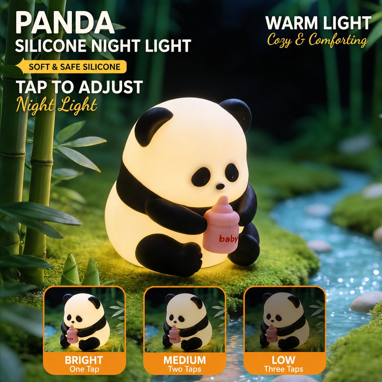 Panda Silicone Touch Night Light – Eye-Care Bedside Lamp for Kids with Auto-Off Timer, Soft Warm Glow for Sleep Training, USB Rechargeable Cute Desk Decor, Perfect Birthday Gift