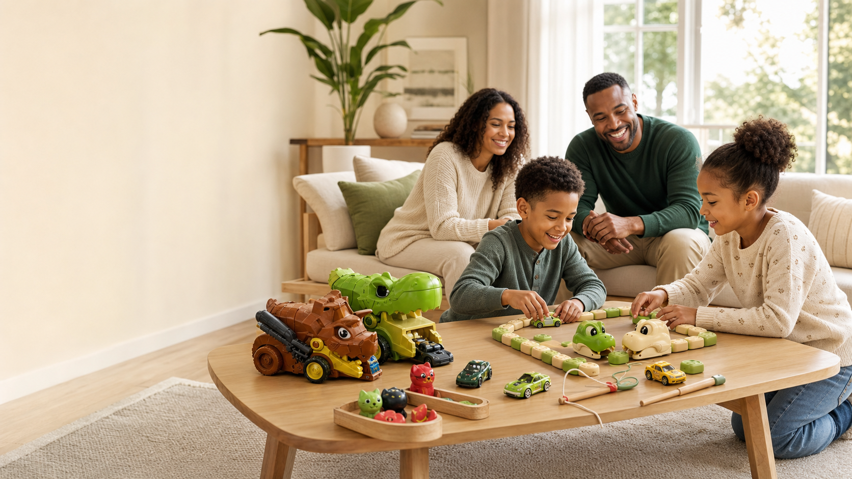A family enjoying a curated selection of playful toys and a tabletop game in a bright living room